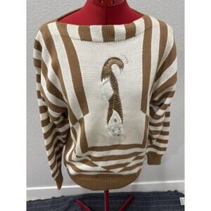 Jacques Vert Vintage Camel Brown White Stripe Jewel Peacock Knit Sweater Sz 2